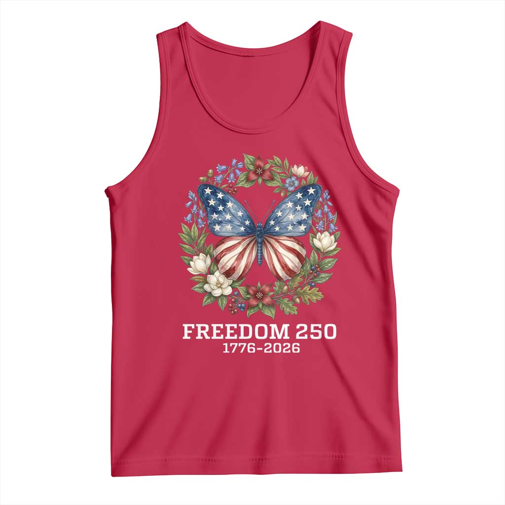 Freedom 250 Years American Flag Butterfly Tank Top Floral Wreath Patriotic 1776-2026 Semiquincentennial Celebration