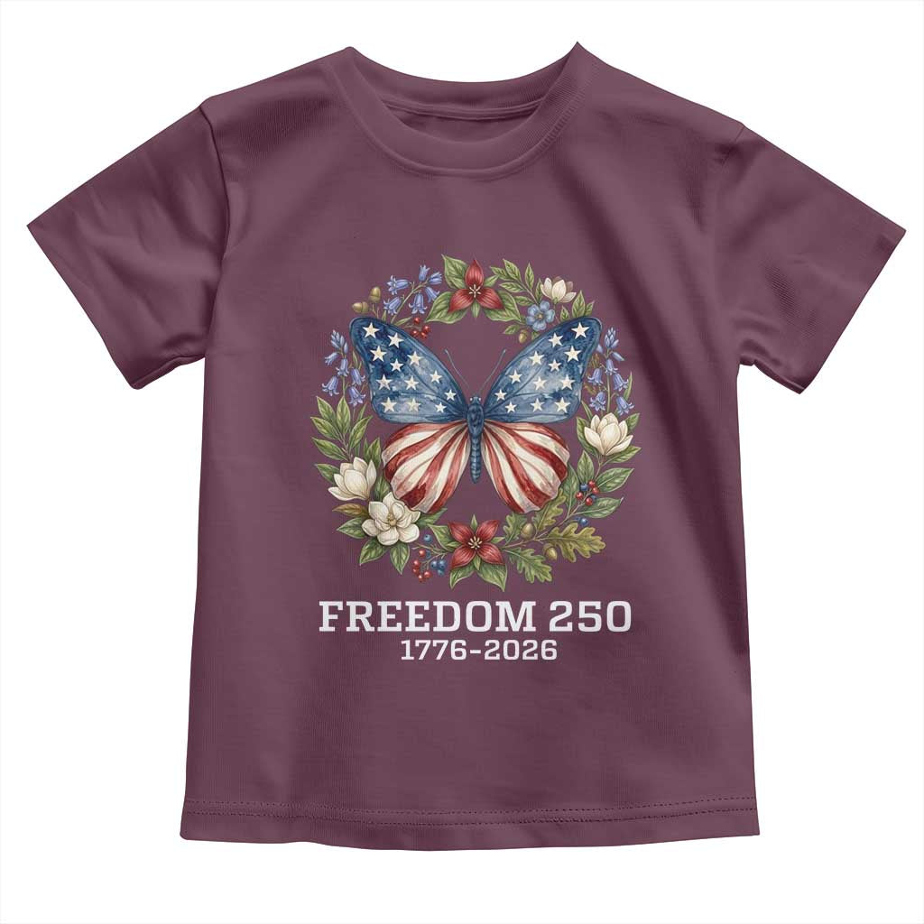 Freedom 250 Years American Flag Butterfly Toddler T Shirt Floral Wreath Patriotic 1776-2026 Semiquincentennial Celebration