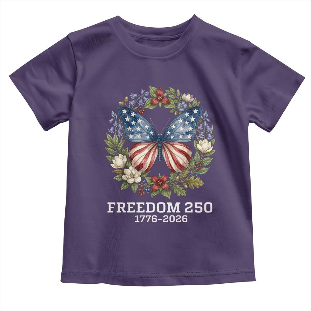 Freedom 250 Years American Flag Butterfly Toddler T Shirt Floral Wreath Patriotic 1776-2026 Semiquincentennial Celebration