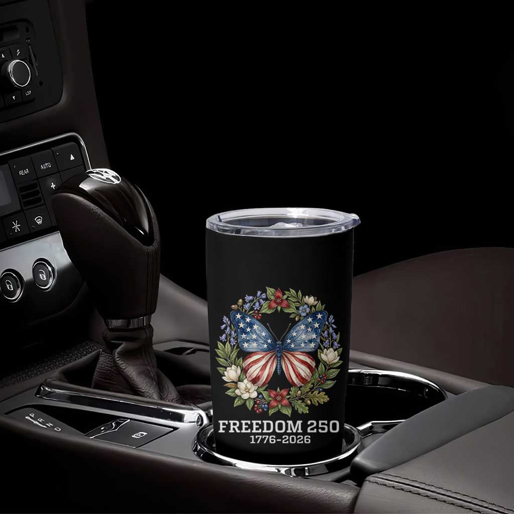 Freedom 250 Years American Flag Butterfly Tumbler Cup Floral Wreath Patriotic 1776-2026 Semiquincentennial Celebration