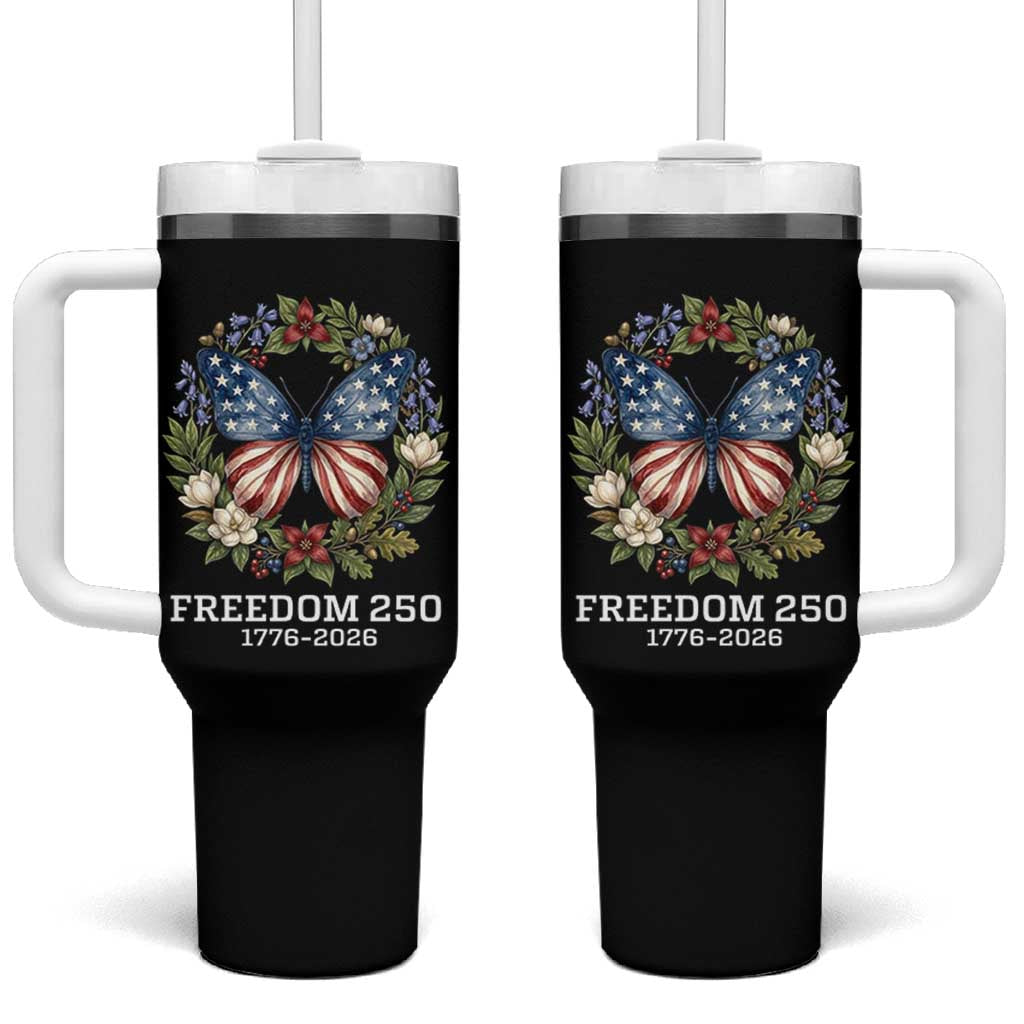Freedom 250 Years American Flag Butterfly Tumbler With Handle Floral Wreath Patriotic 1776-2026 Semiquincentennial Celebration