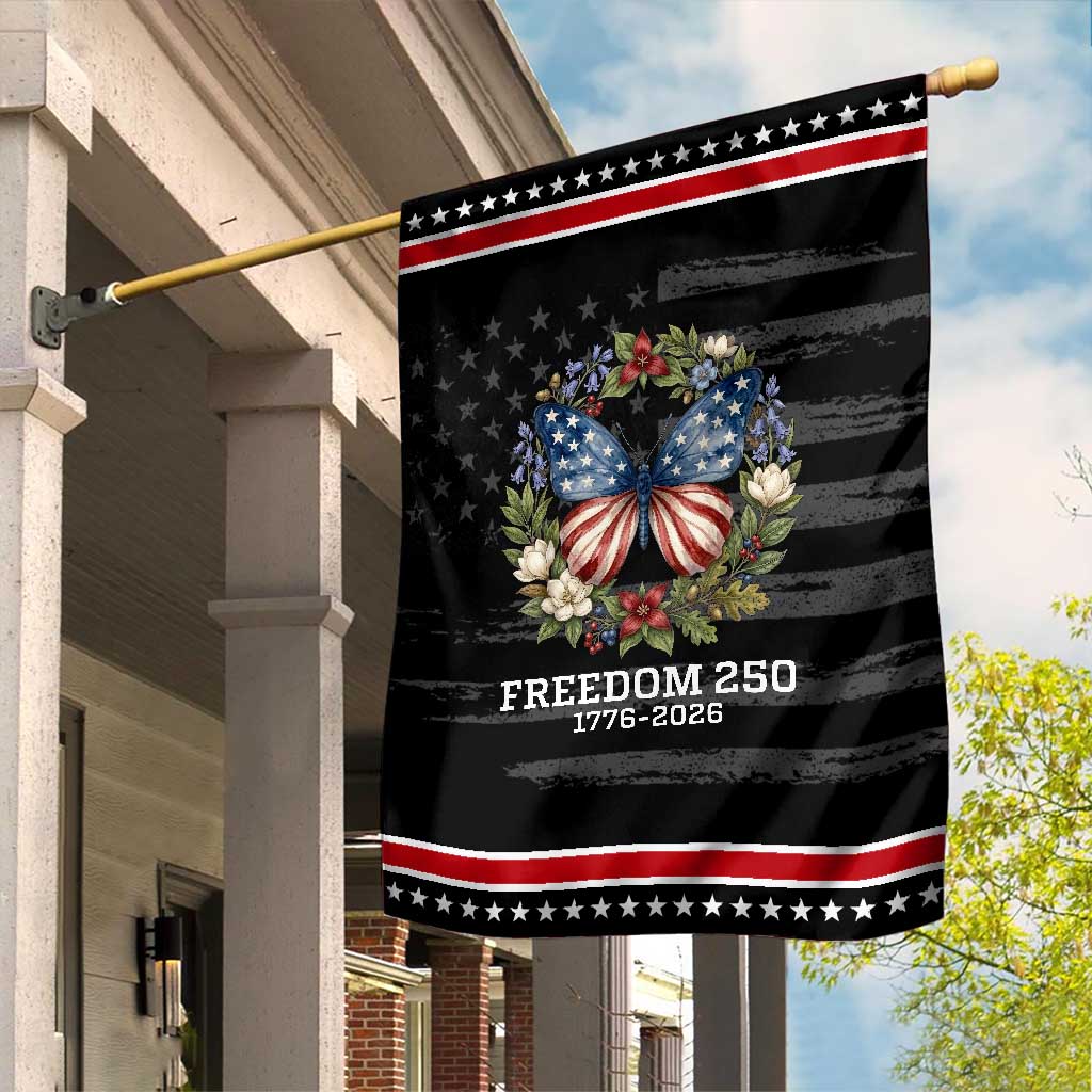 Freedom 250 Years American Flag Butterfly Garden Flag Floral Wreath Patriotic 1776-2026 Semiquincentennial Celebration