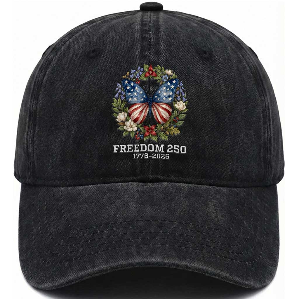 Freedom 250 Years American Flag Butterfly Washed Cotton Baseball Cap Floral Wreath Patriotic 1776-2026 Semiquincentennial Celebration
