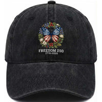 Freedom 250 Years American Flag Butterfly Washed Cotton Baseball Cap Floral Wreath Patriotic 1776-2026 Semiquincentennial Celebration