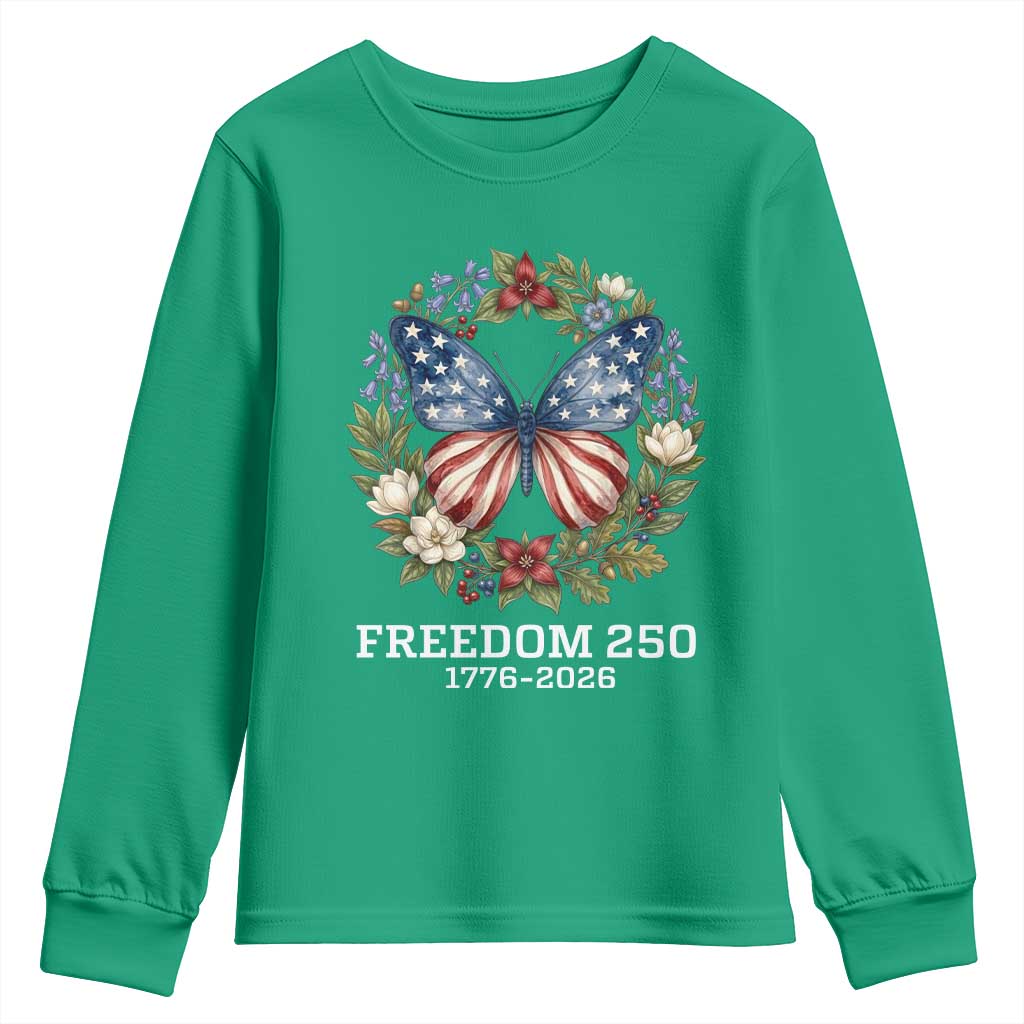 Freedom 250 Years American Flag Butterfly Youth Sweatshirt Floral Wreath Patriotic 1776-2026 Semiquincentennial Celebration