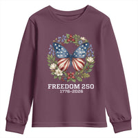 Freedom 250 Years American Flag Butterfly Youth Sweatshirt Floral Wreath Patriotic 1776-2026 Semiquincentennial Celebration