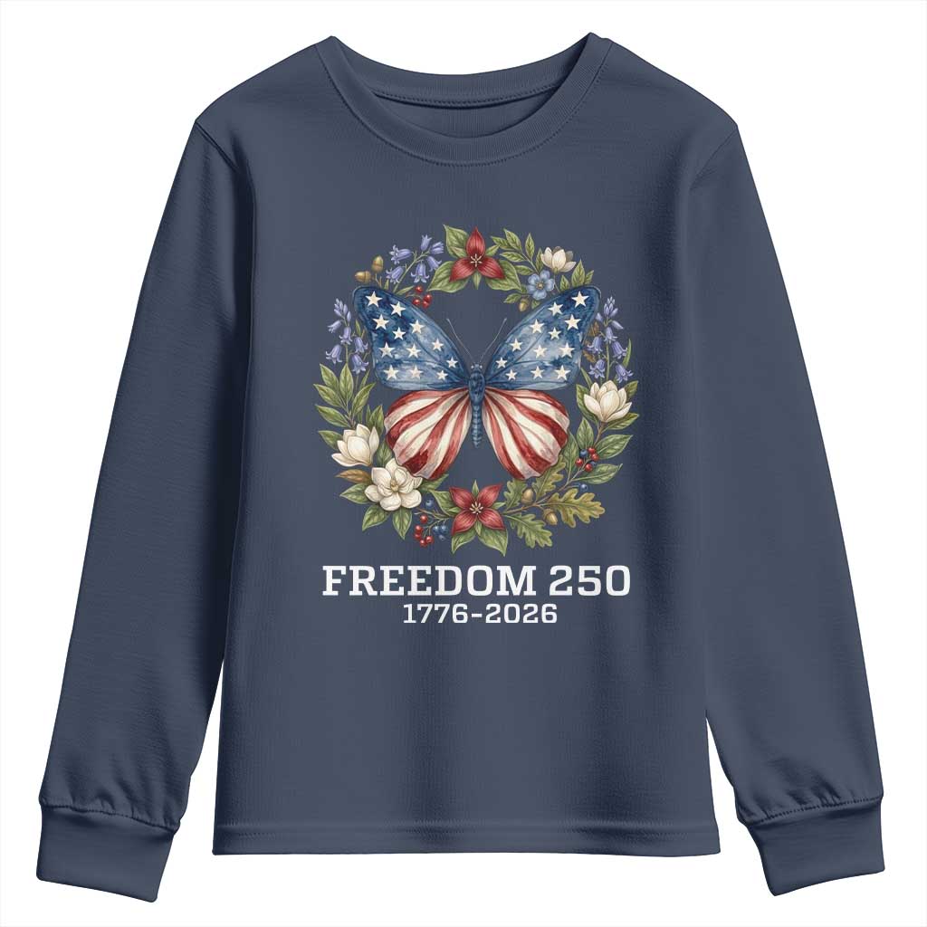 Freedom 250 Years American Flag Butterfly Youth Sweatshirt Floral Wreath Patriotic 1776-2026 Semiquincentennial Celebration