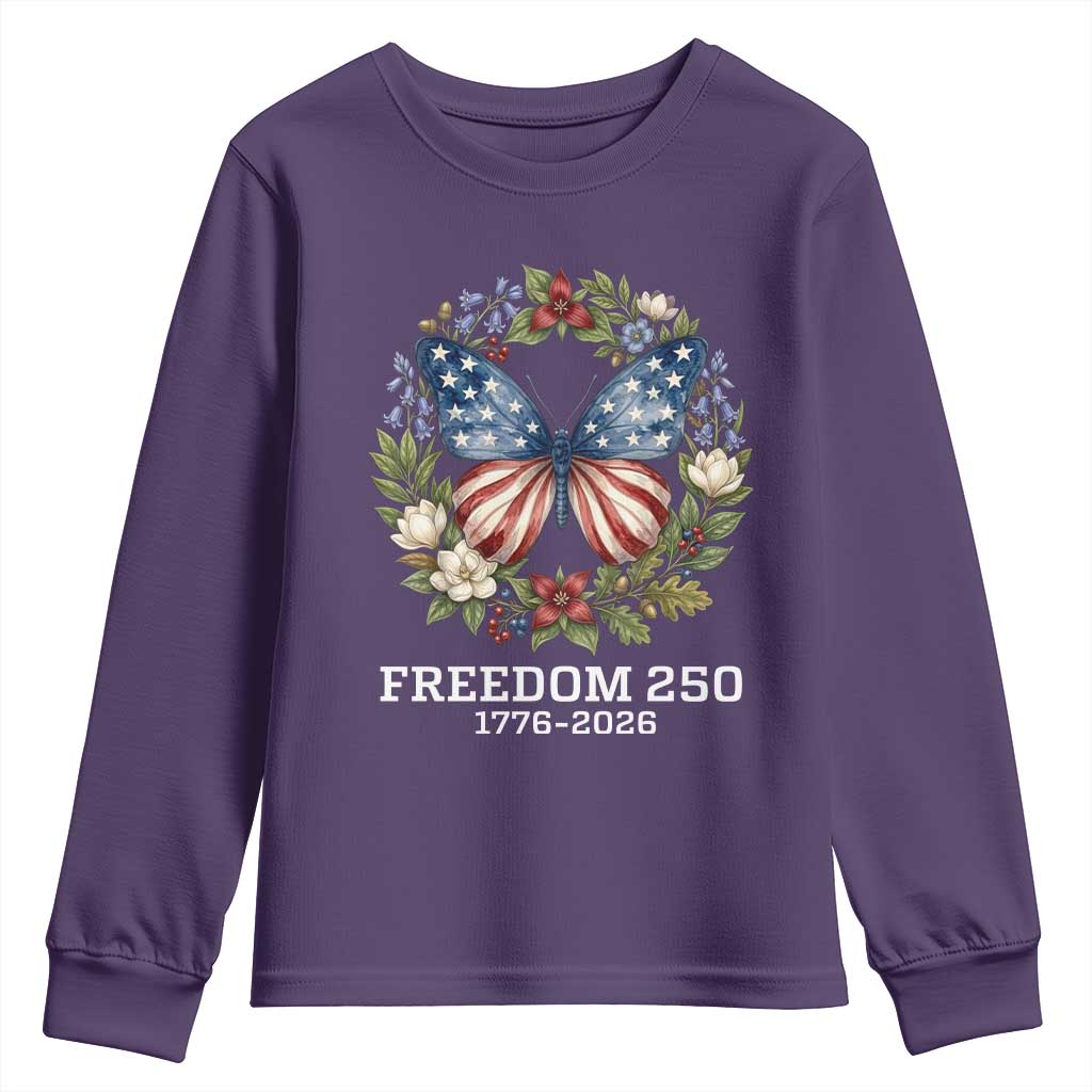 Freedom 250 Years American Flag Butterfly Youth Sweatshirt Floral Wreath Patriotic 1776-2026 Semiquincentennial Celebration