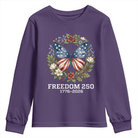 Freedom 250 Years American Flag Butterfly Youth Sweatshirt Floral Wreath Patriotic 1776-2026 Semiquincentennial Celebration