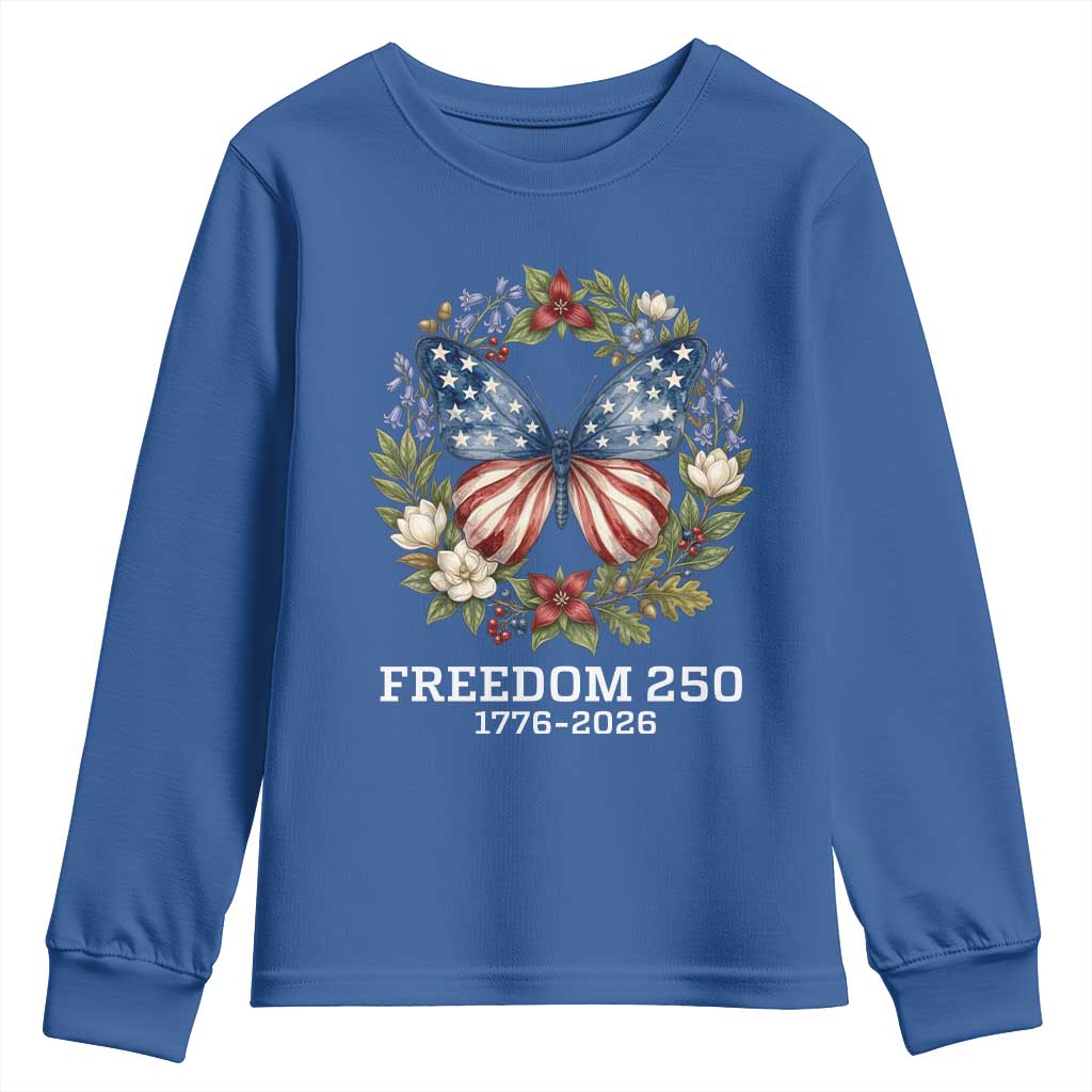 Freedom 250 Years American Flag Butterfly Youth Sweatshirt Floral Wreath Patriotic 1776-2026 Semiquincentennial Celebration