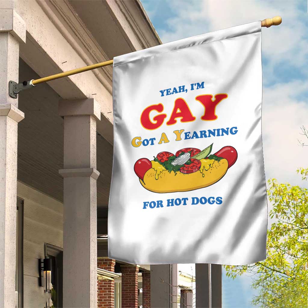 Yeah I’m GAY Got A Yearning For Hot Dogs Garden Flag Funny Foodie Humor Retro Graphic