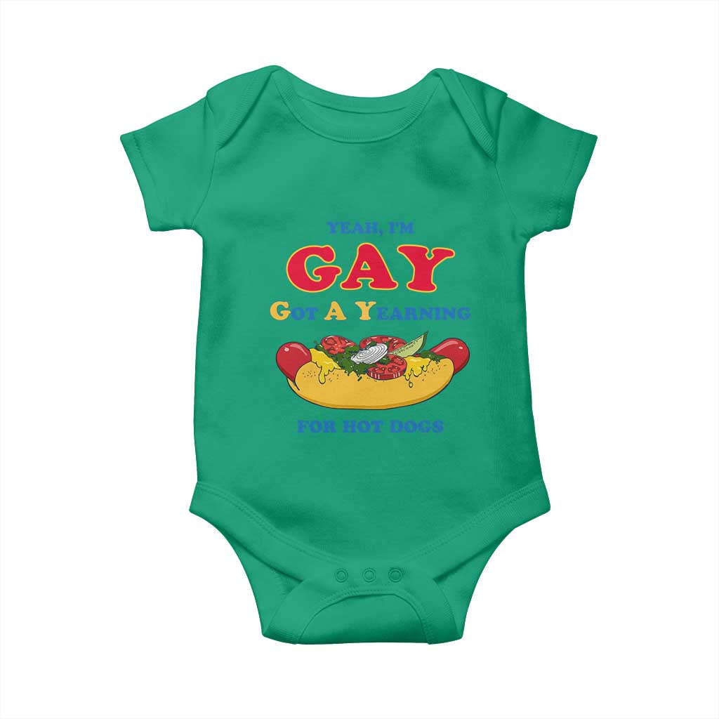 Yeah I’m GAY Got A Yearning For Hot Dogs Baby Onesie Funny Foodie Humor Retro Graphic