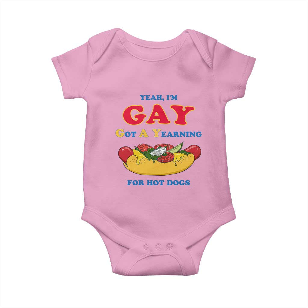 Yeah I’m GAY Got A Yearning For Hot Dogs Baby Onesie Funny Foodie Humor Retro Graphic
