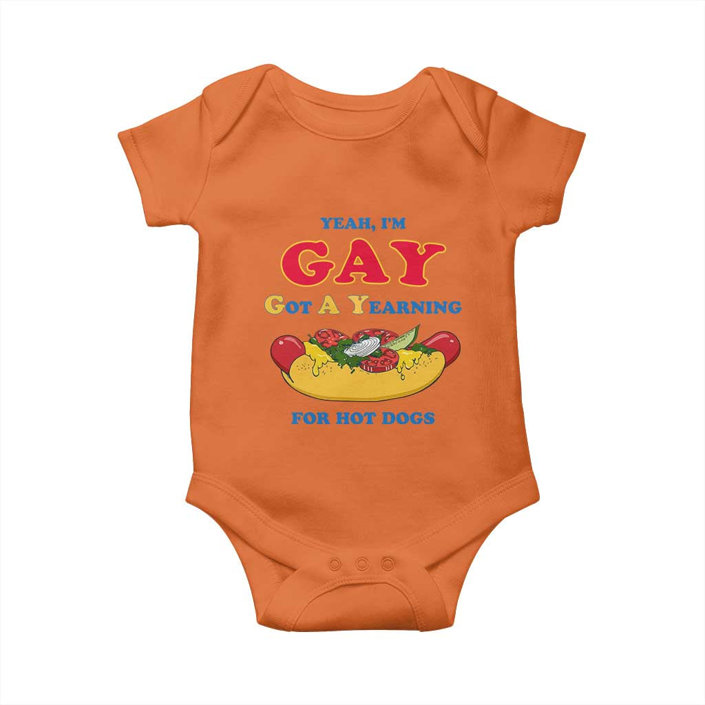 Yeah I’m GAY Got A Yearning For Hot Dogs Baby Onesie Funny Foodie Humor Retro Graphic