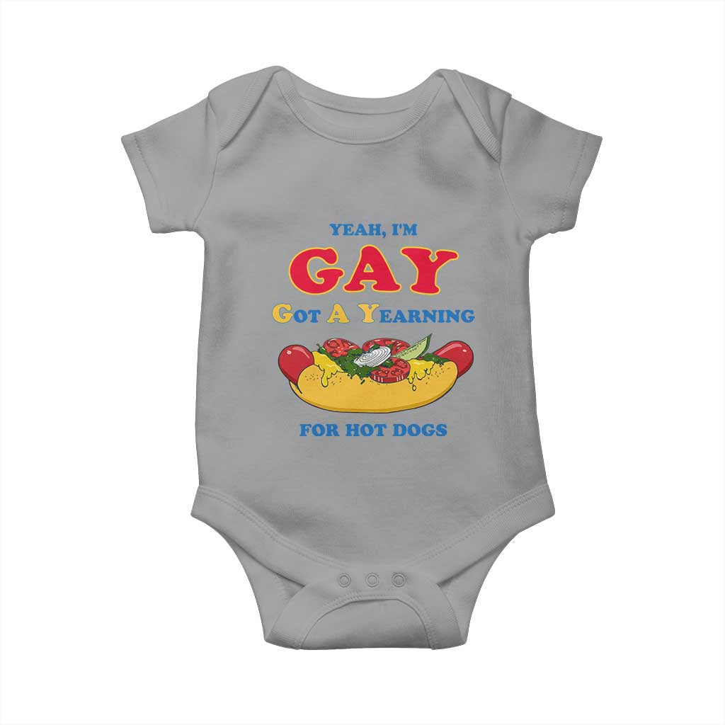 Yeah I’m GAY Got A Yearning For Hot Dogs Baby Onesie Funny Foodie Humor Retro Graphic