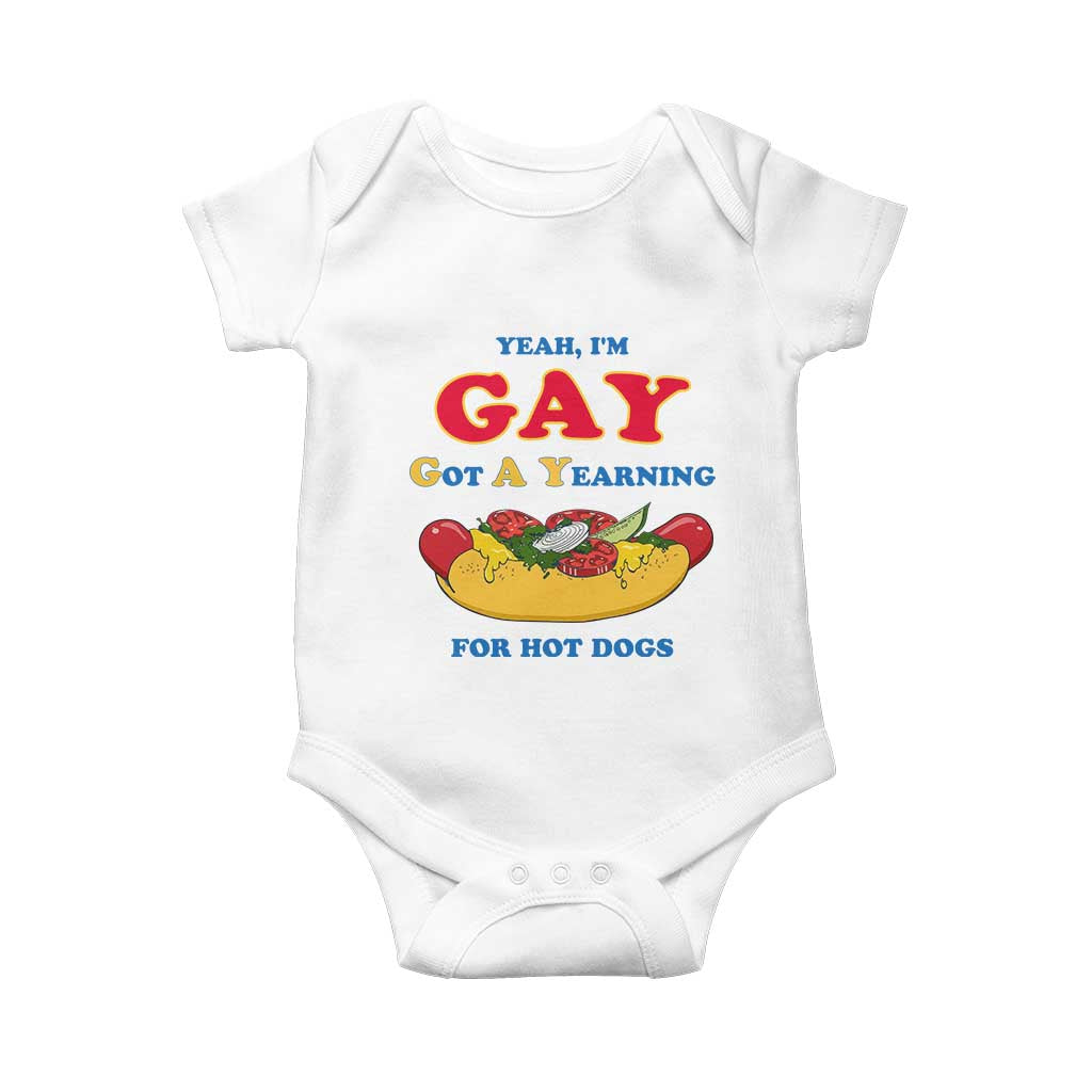 Yeah I’m GAY Got A Yearning For Hot Dogs Baby Onesie Funny Foodie Humor Retro Graphic