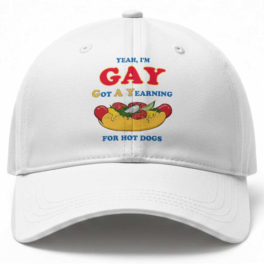 Yeah I’m GAY Got A Yearning For Hot Dogs Baseball Cap Funny Foodie Humor Retro Graphic