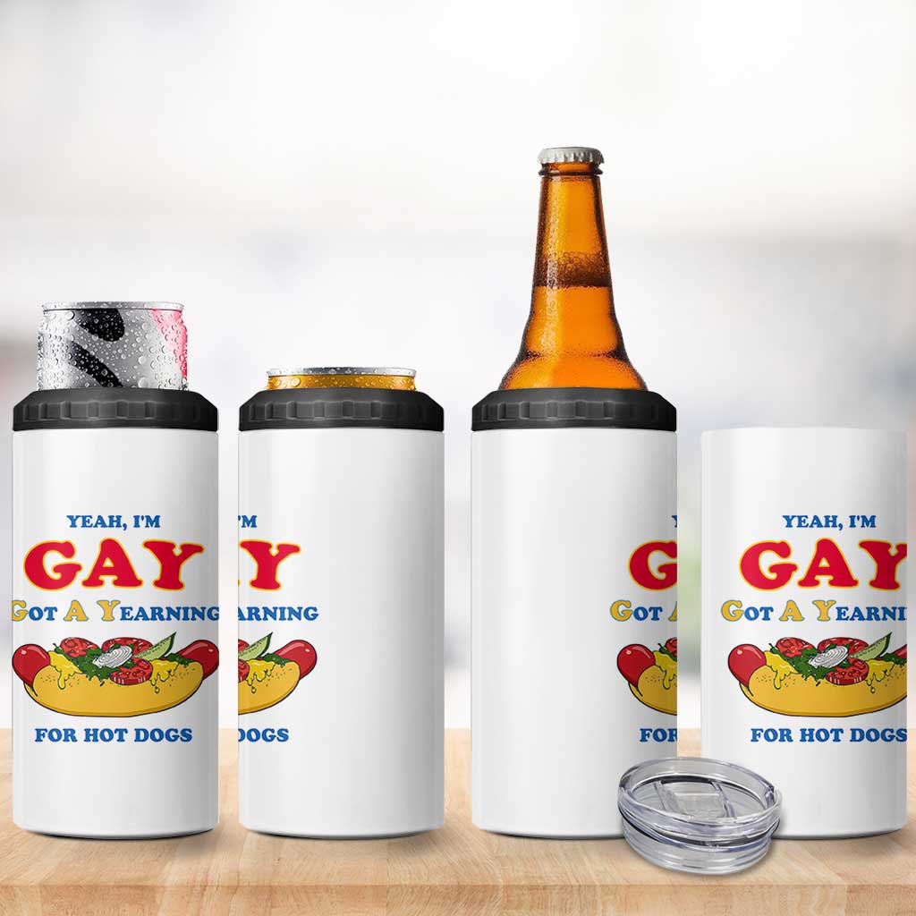 Yeah I’m GAY Got A Yearning For Hot Dogs 4 in 1 Can Cooler Tumbler Funny Foodie Humor Retro Graphic