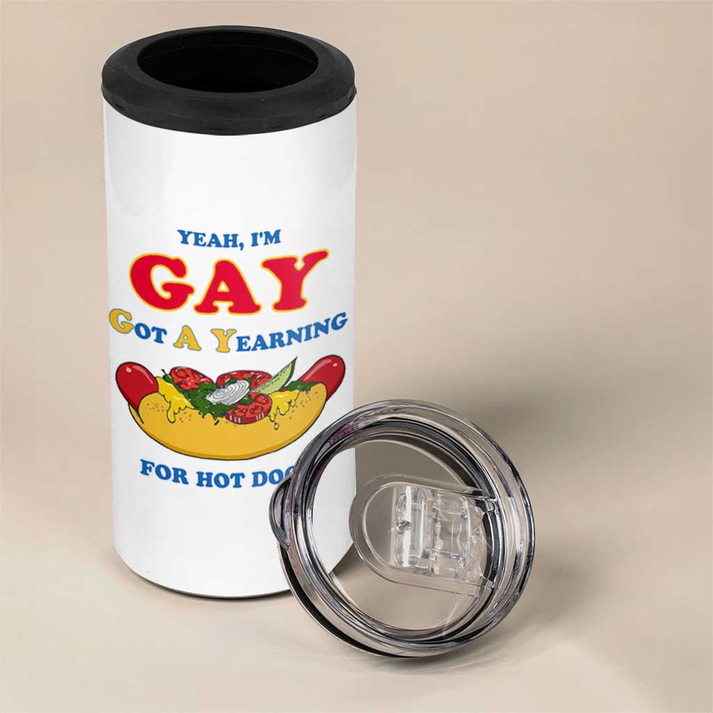 Yeah I’m GAY Got A Yearning For Hot Dogs 4 in 1 Can Cooler Tumbler Funny Foodie Humor Retro Graphic