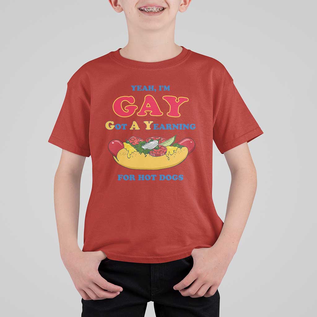 Yeah I’m GAY Got A Yearning For Hot Dogs T Shirt For Kid Funny Foodie Humor Retro Graphic