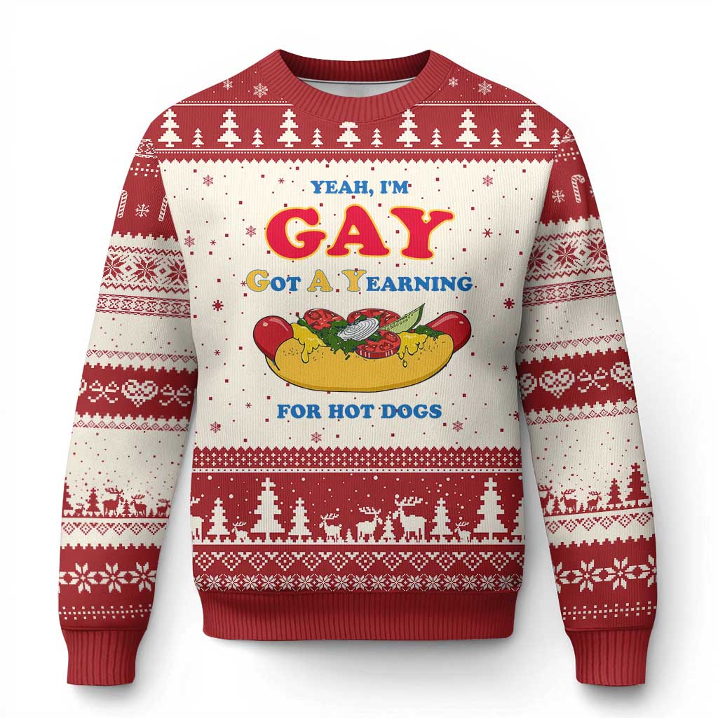 Yeah I’m GAY Got A Yearning For Hot Dogs Ugly Christmas Sweater Funny Foodie Humor Retro Graphic