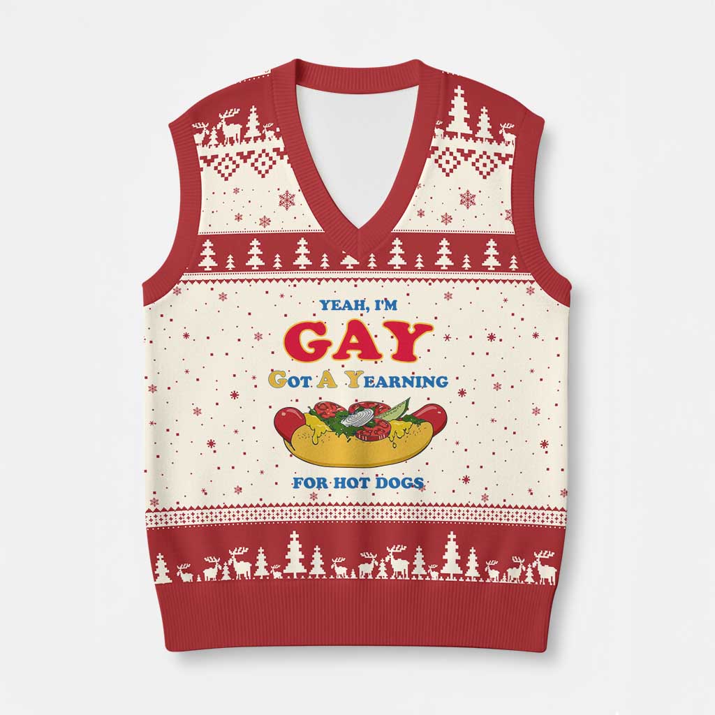 Yeah I’m GAY Got A Yearning For Hot Dogs V-Neck Knit Sweater Vest Funny Foodie Humor Retro Graphic