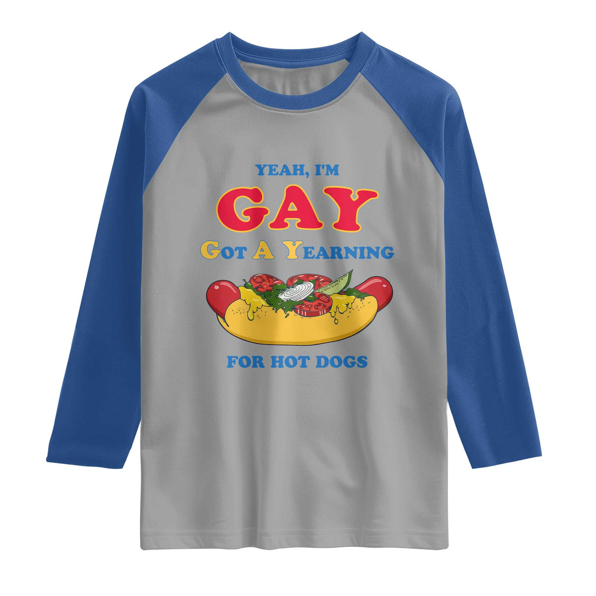 Yeah I’m GAY Got A Yearning For Hot Dogs Raglan Shirt Funny Foodie Humor Retro Graphic