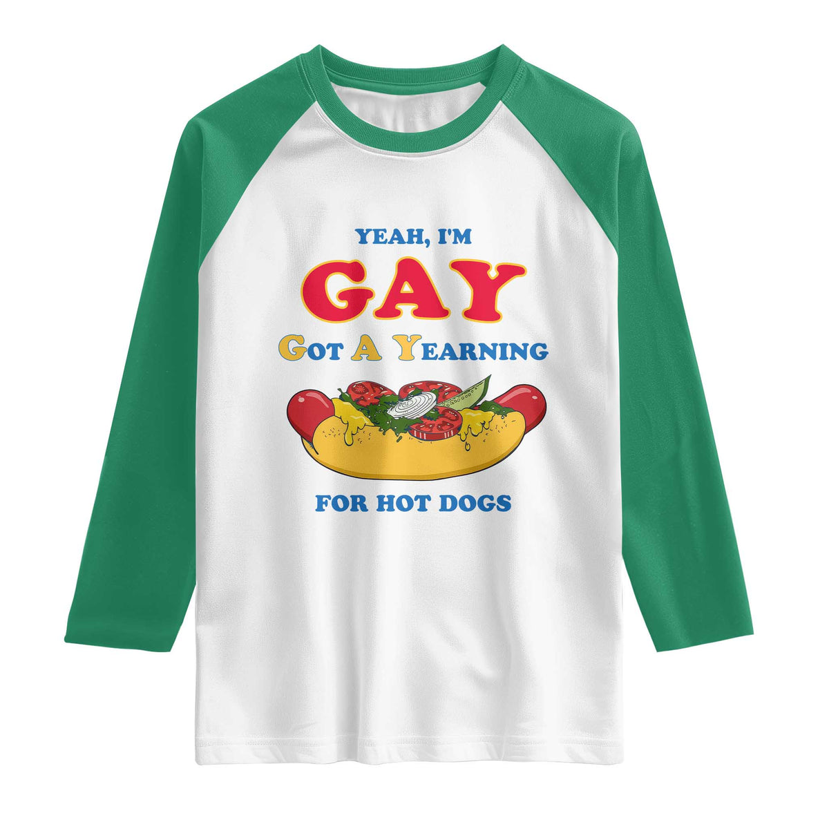 Yeah I’m GAY Got A Yearning For Hot Dogs Raglan Shirt Funny Foodie Humor Retro Graphic