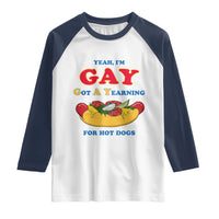 Yeah I’m GAY Got A Yearning For Hot Dogs Raglan Shirt Funny Foodie Humor Retro Graphic