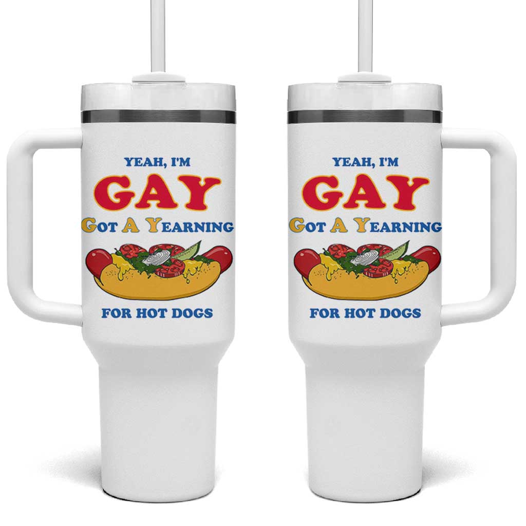 Yeah I’m GAY Got A Yearning For Hot Dogs Tumbler With Handle Funny Foodie Humor Retro Graphic