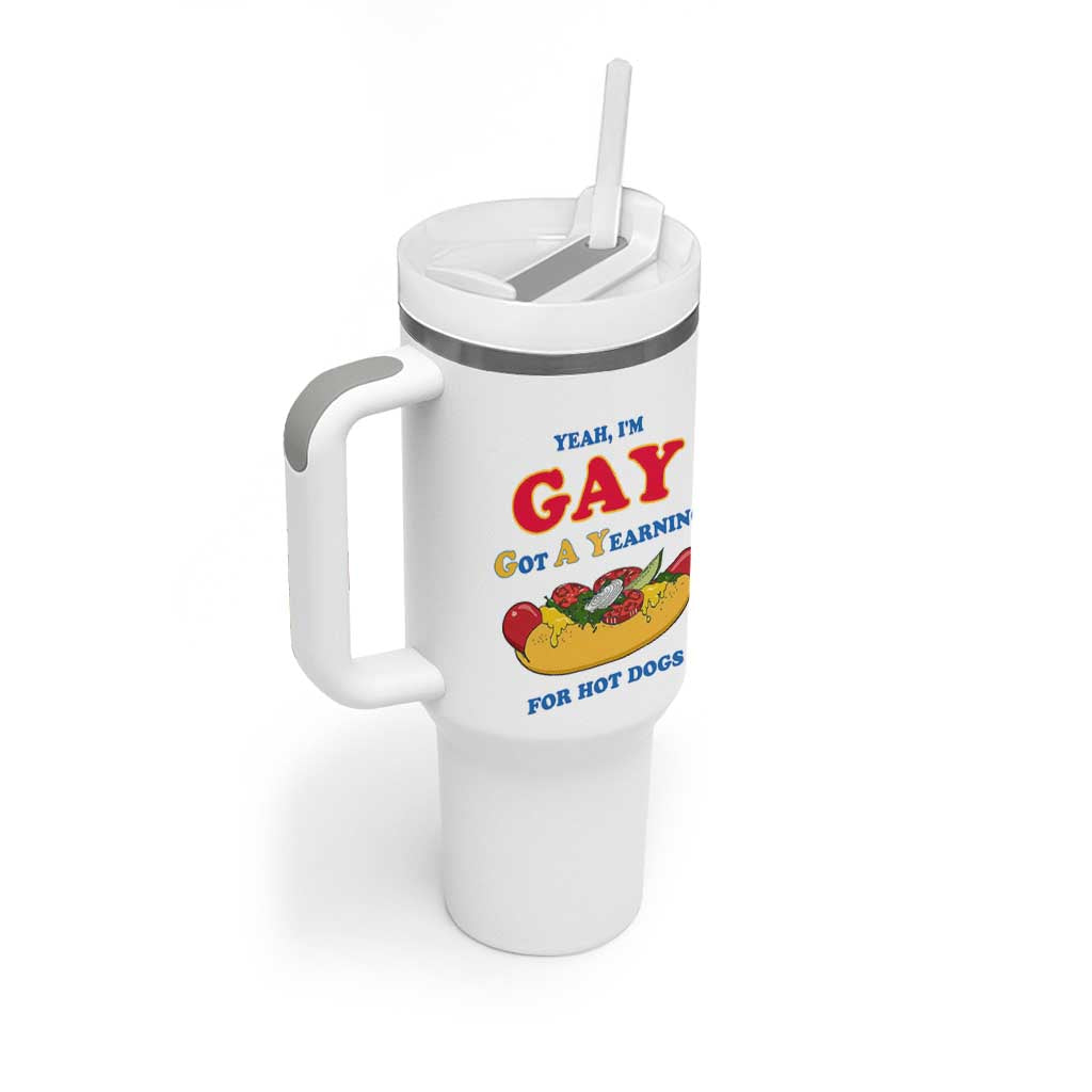 Yeah I’m GAY Got A Yearning For Hot Dogs Tumbler With Handle Funny Foodie Humor Retro Graphic