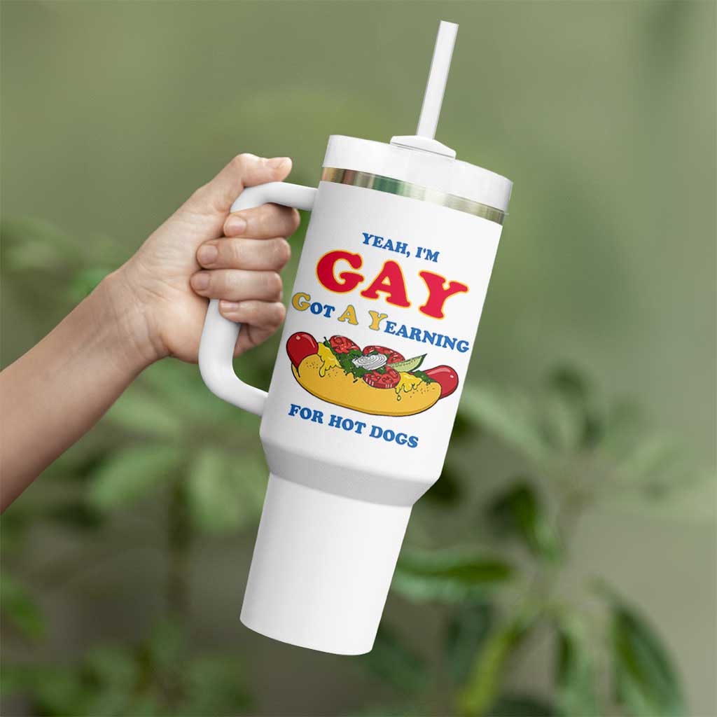 Yeah I’m GAY Got A Yearning For Hot Dogs Tumbler With Handle Funny Foodie Humor Retro Graphic