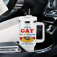 Yeah I’m GAY Got A Yearning For Hot Dogs Tumbler With Handle Funny Foodie Humor Retro Graphic