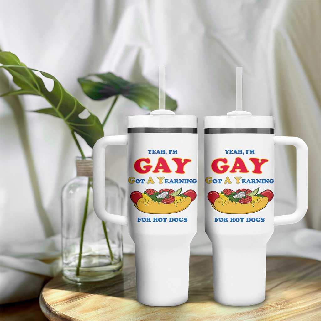 Yeah I’m GAY Got A Yearning For Hot Dogs Tumbler With Handle Funny Foodie Humor Retro Graphic