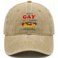 Yeah I’m GAY Got A Yearning For Hot Dogs Washed Cotton Baseball Cap Funny Foodie Humor Retro Graphic