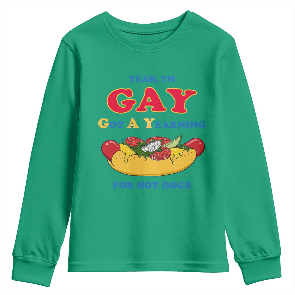 Yeah I’m GAY Got A Yearning For Hot Dogs Youth Sweatshirt Funny Foodie Humor Retro Graphic