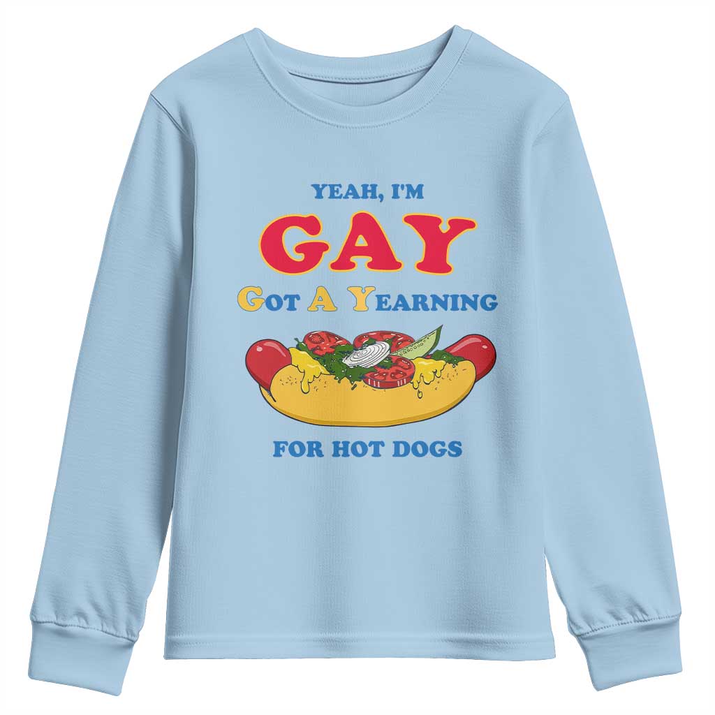 Yeah I’m GAY Got A Yearning For Hot Dogs Youth Sweatshirt Funny Foodie Humor Retro Graphic