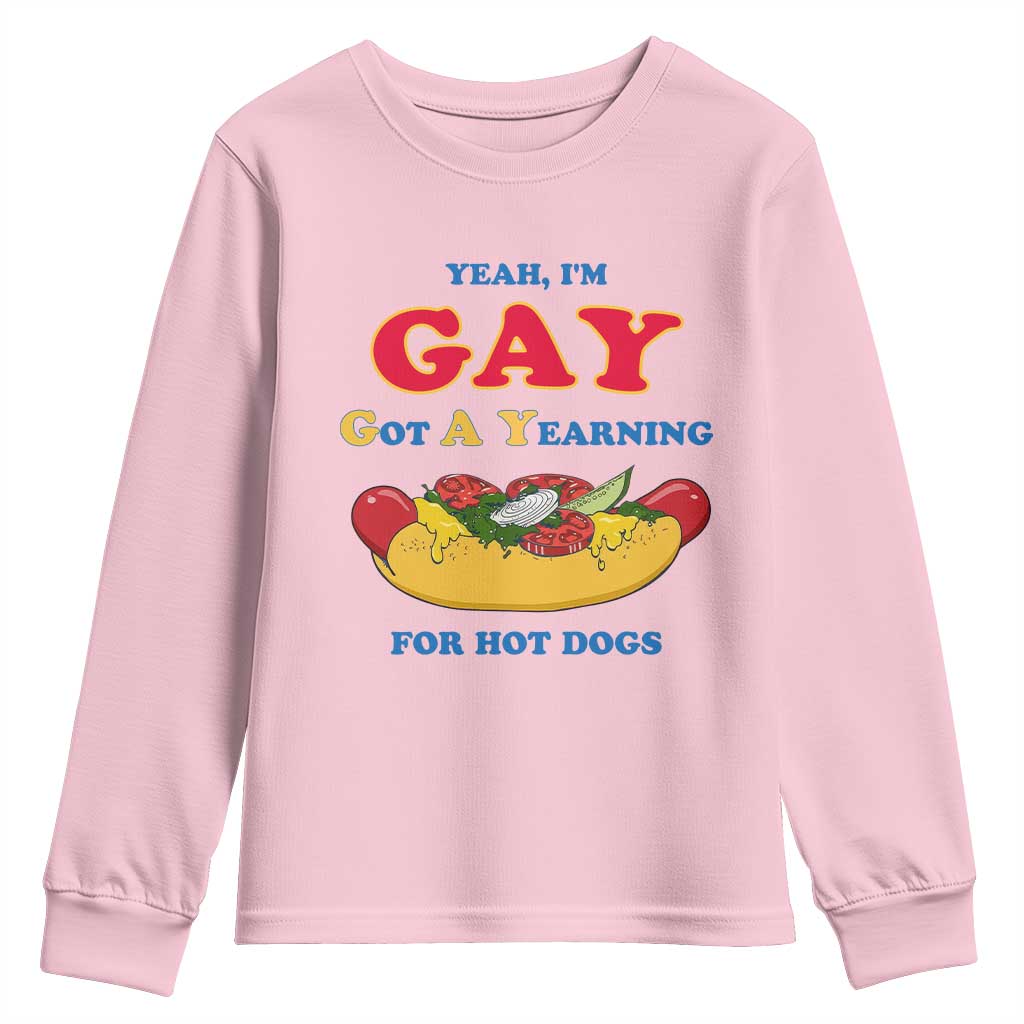 Yeah I’m GAY Got A Yearning For Hot Dogs Youth Sweatshirt Funny Foodie Humor Retro Graphic
