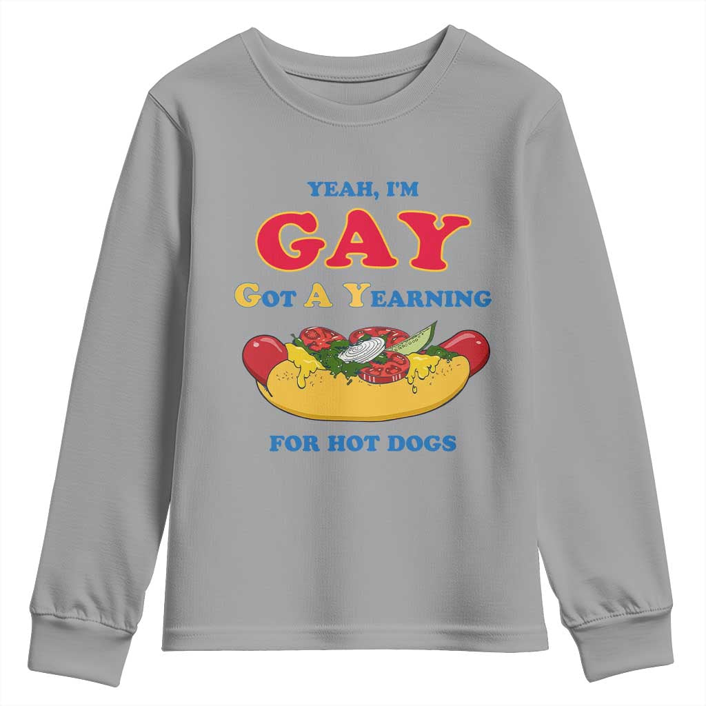 Yeah I’m GAY Got A Yearning For Hot Dogs Youth Sweatshirt Funny Foodie Humor Retro Graphic