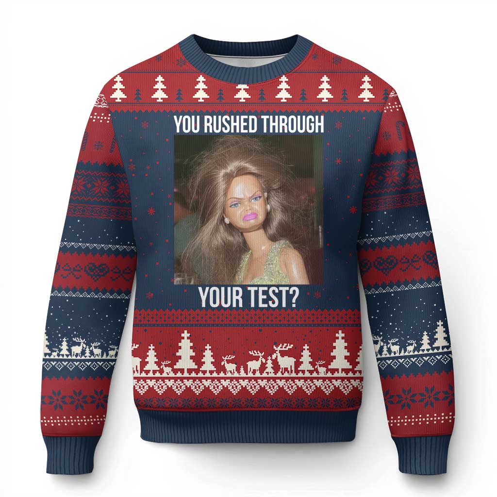 Funny Disheveled Doll Meme Testing Day Ugly Christmas Sweater You Rushed Through Your Test Teacher Reaction Humor