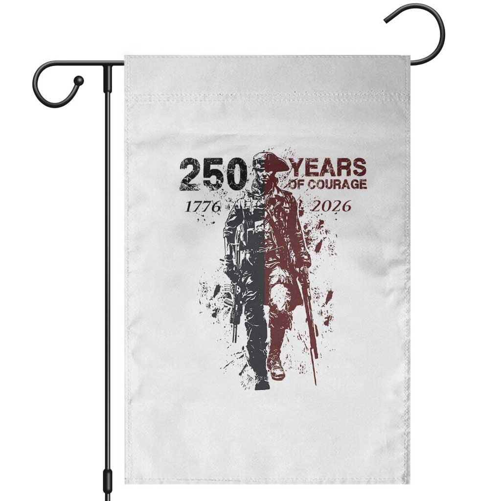 250 Years of Courage Commemorative Patriotic Soldier Garden Flag American Revolution to Modern Military 1776 to 2026 Semiquincentennial