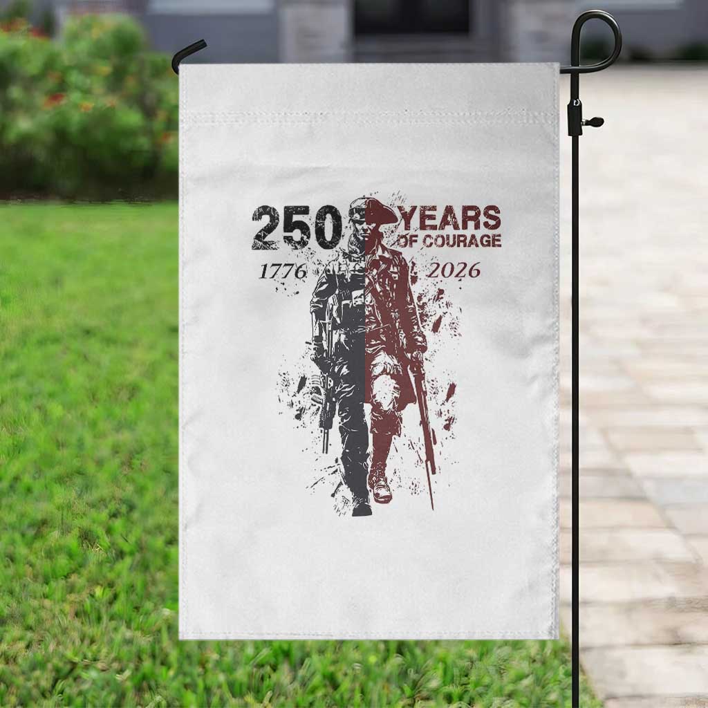 250 Years of Courage Commemorative Patriotic Soldier Garden Flag American Revolution to Modern Military 1776 to 2026 Semiquincentennial