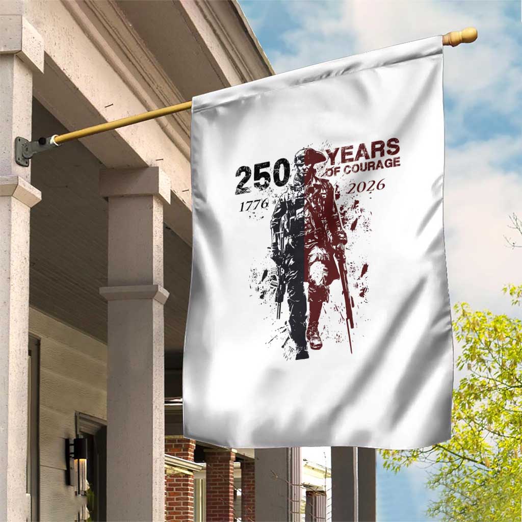 250 Years of Courage Commemorative Patriotic Soldier Garden Flag American Revolution to Modern Military 1776 to 2026 Semiquincentennial