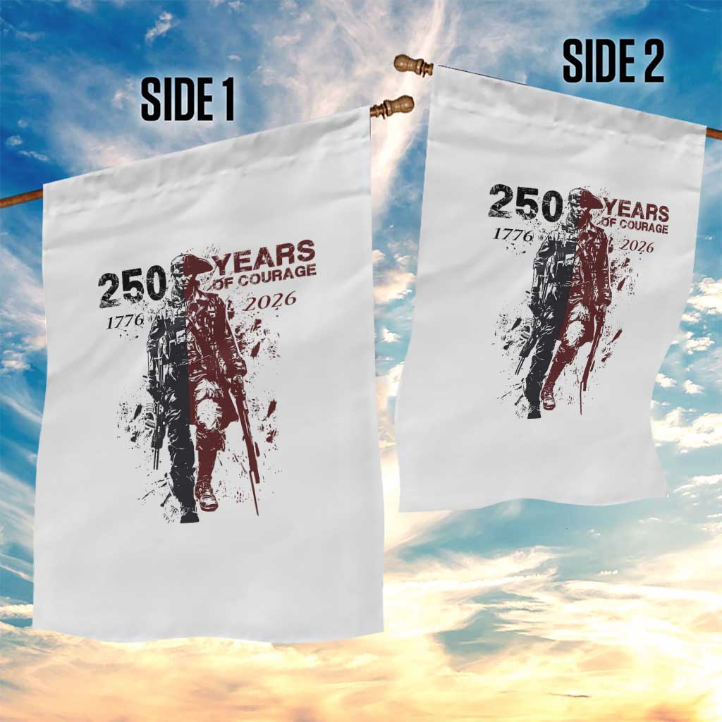 250 Years of Courage Commemorative Patriotic Soldier Garden Flag American Revolution to Modern Military 1776 to 2026 Semiquincentennial