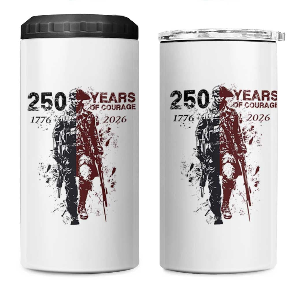 250 Years of Courage Commemorative Patriotic Soldier 4 in 1 Can Cooler Tumbler American Revolution to Modern Military 1776 to 2026 Semiquincentennial