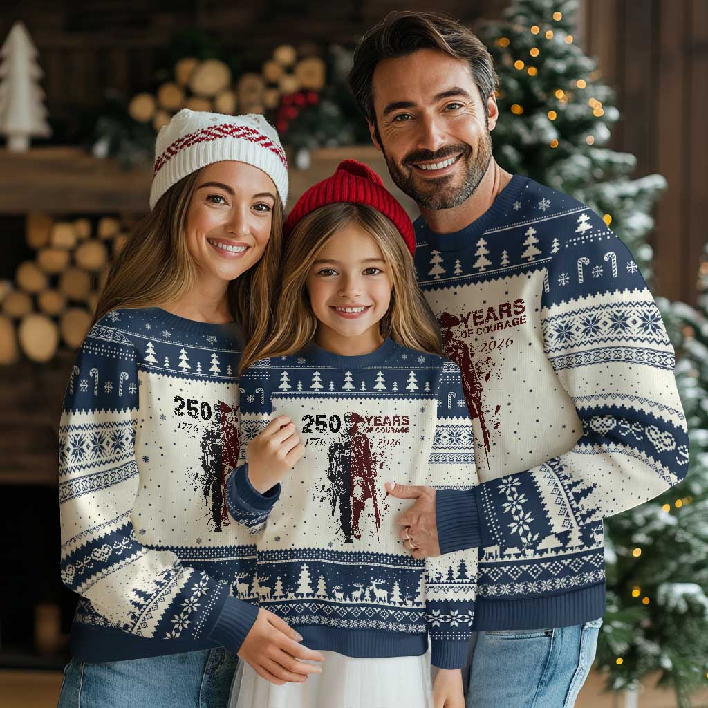 250 Years of Courage Commemorative Patriotic Soldier Ugly Christmas Sweater American Revolution to Modern Military 1776 to 2026 Semiquincentennial