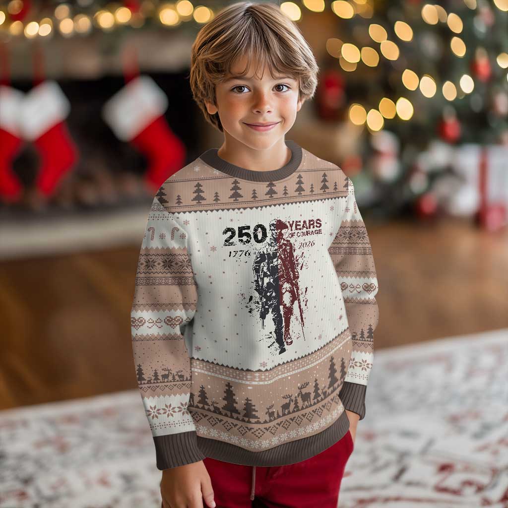 250 Years of Courage Commemorative Patriotic Soldier Ugly Christmas Sweater American Revolution to Modern Military 1776 to 2026 Semiquincentennial