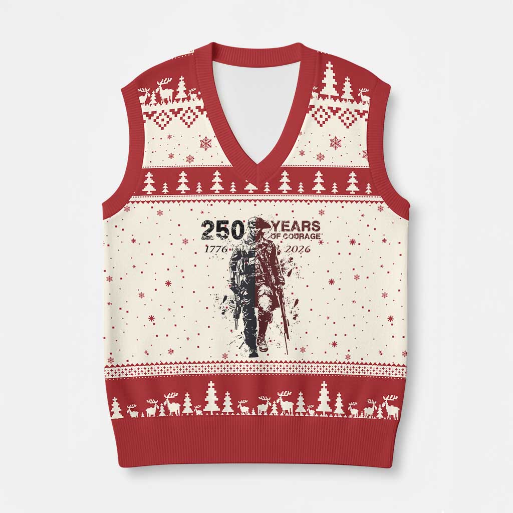 250 Years of Courage Commemorative Patriotic Soldier V-Neck Knit Sweater Vest American Revolution to Modern Military 1776 to 2026 Semiquincentennial