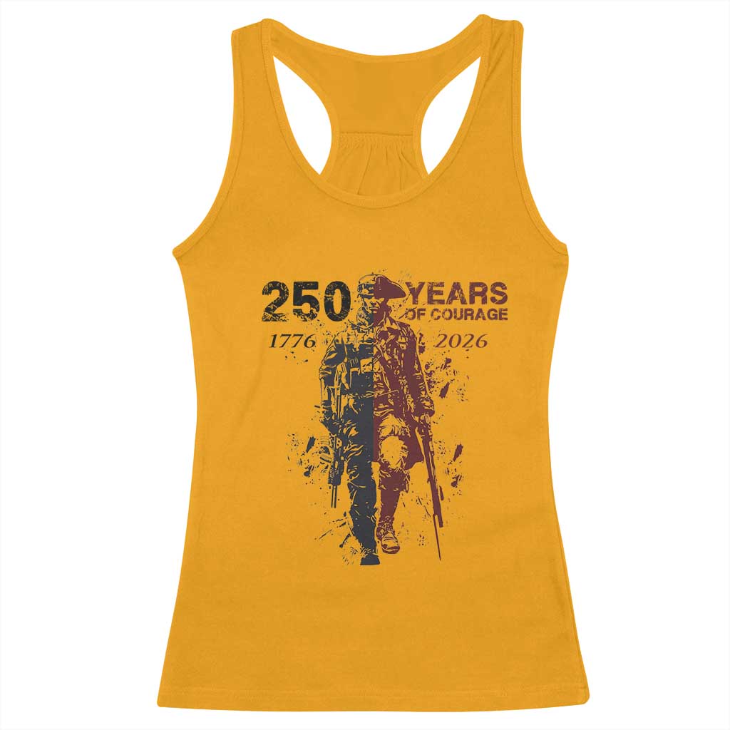 250 Years of Courage Commemorative Patriotic Soldier Racerback Tank Top American Revolution to Modern Military 1776 to 2026 Semiquincentennial