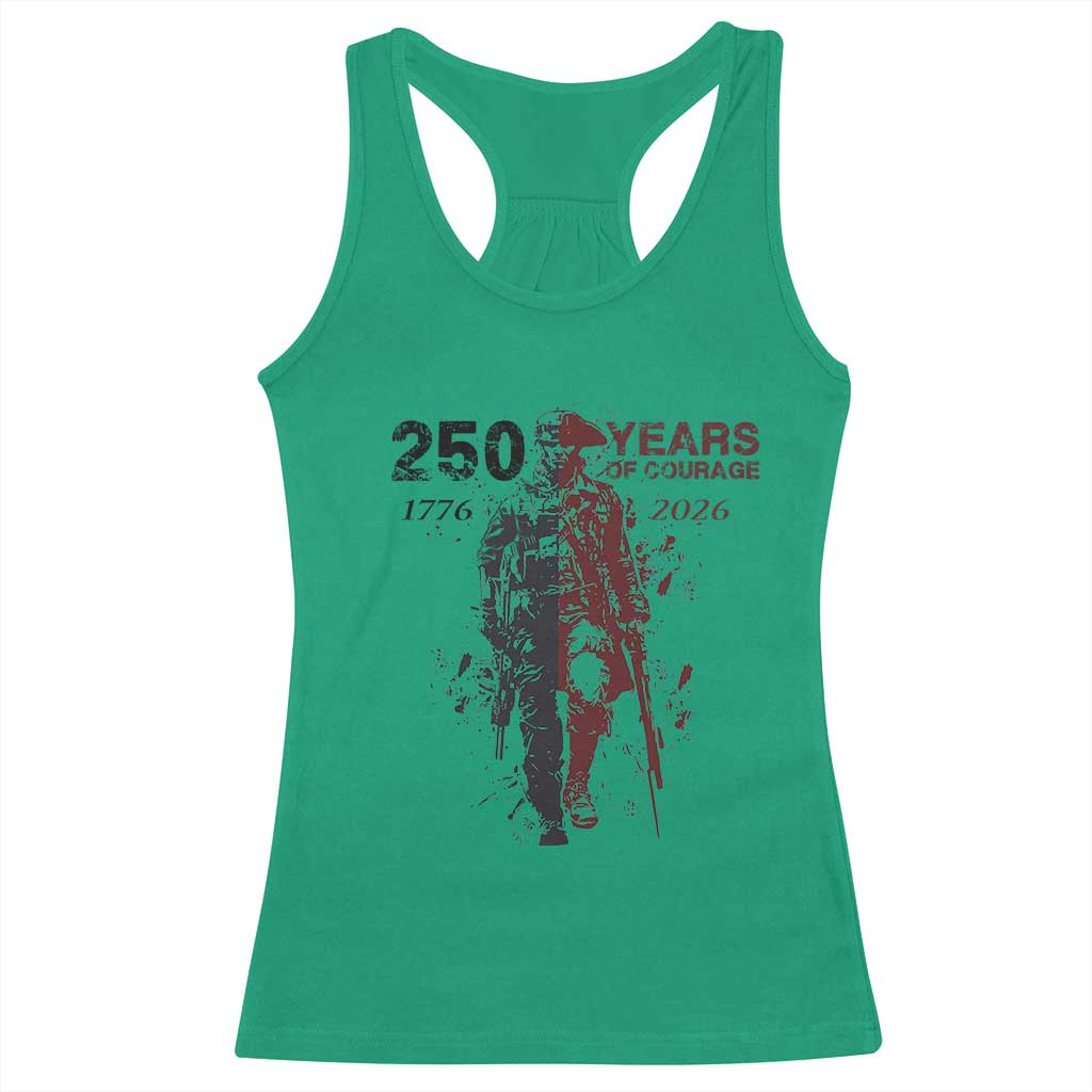 250 Years of Courage Commemorative Patriotic Soldier Racerback Tank Top American Revolution to Modern Military 1776 to 2026 Semiquincentennial